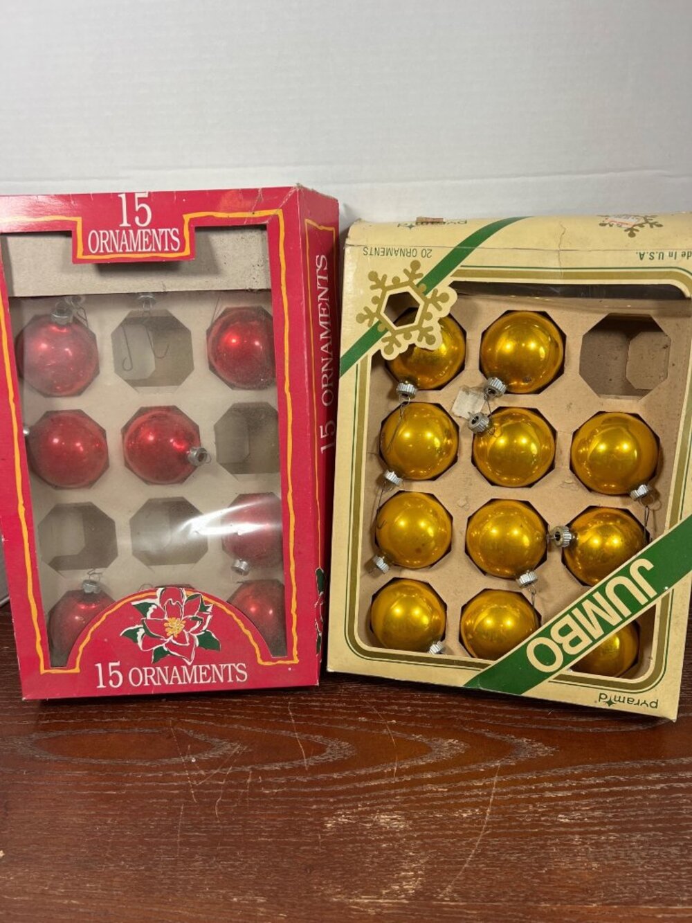Vintage Christmas Tree Ornaments Set Of 35 Red & Gold Glass Balls In Original Pa